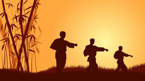 Three men demonstrate Karate on a background a calling sun. Stock Illustration