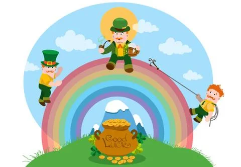 Three men dressed in green on a rainbow. Stock Illustration