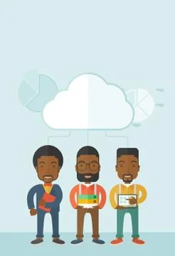 Three men holding book files, notebook and tablet Illustrazione stock