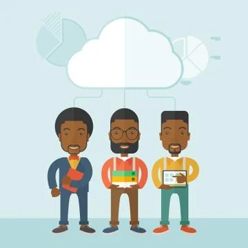 Three men holding book files, notebook and tablet Stock Illustration