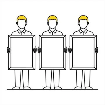 Three Men Holding Empty Frames Illustration Against A Plain White Studio Ba.. Ilustração Stock