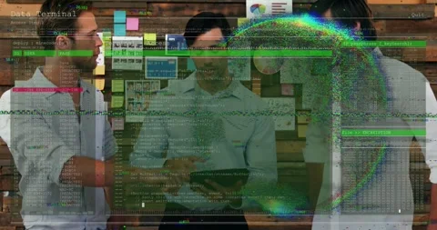 Three men holding tablet and reviewing as overlay rising revealing terminal logs Stock Footage 321701140