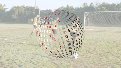 Three men jogging cones, starting training and causing rotating 3D sphere Stock Footage 333132709