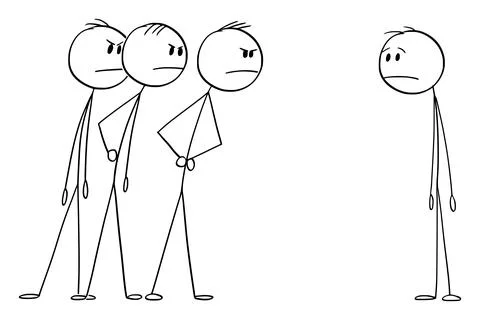 Three Men Looking Angrily or Angry at One Man. Vector Cartoon Stick Figure Stock Illustration