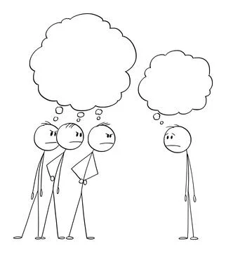 Three Men Looking Angrily or Angry at One Man. Empty Thought Bubbles. Vector Stock Illustration