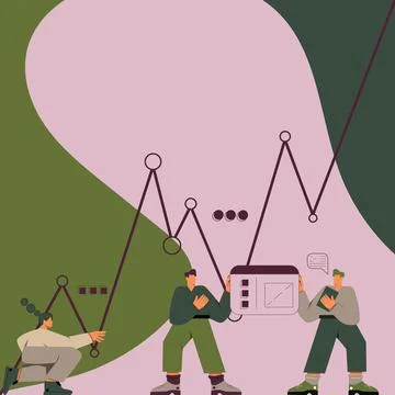 Three Men With Oversized Bodies Preparing Graphics Representing Business Growth Stock Illustration