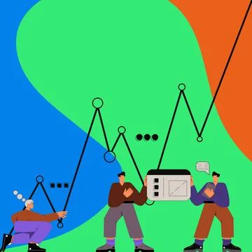 Three Men With Oversized Bodies Preparing Graphics Representing Business Growth Illustrazione stock