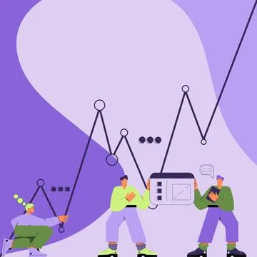 Three Men With Oversized Bodies Preparing Graphics Representing Business Growth Stock Illustration