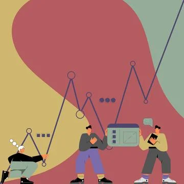 Three Men With Oversized Bodies Preparing Graphics Representing Business Growth Stock Illustration