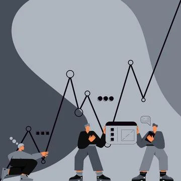 Three Men With Oversized Bodies Preparing Graphics Representing Business Growth Illustrazione stock