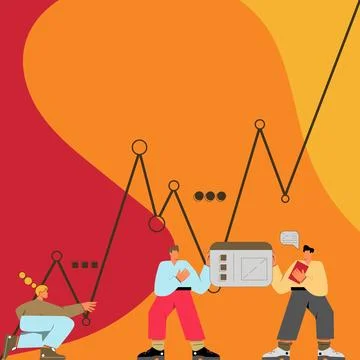 Three Men With Oversized Bodies Preparing Graphics Representing Business Growth Stock Illustration