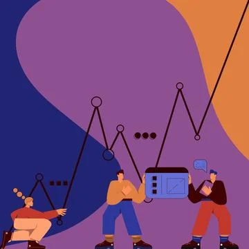 Three Men With Oversized Bodies Preparing Graphics Representing Business Growth Stock Illustration