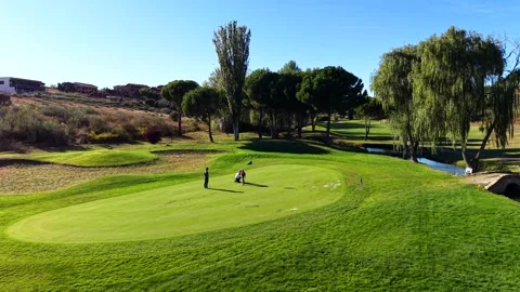 Three men playing golf on a green course. Aerial view Stock-Footage 348120831