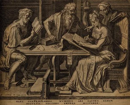 Three men read while a woman writes numerals; representing arithmetic. Engr.. Stock Illustration