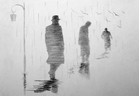 Three men receding into the distance Illustrazione stock