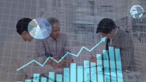 Three men reviewing docs and taking notes, data overlay appearing and animating Stock Footage 334703542