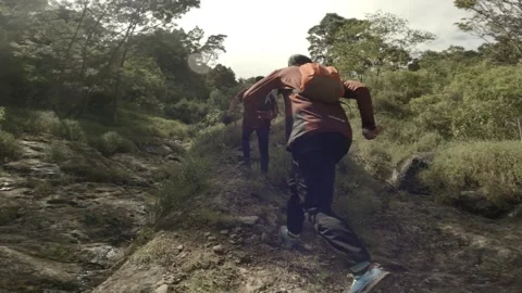 Three men running up the slope of the mountain between the trees. Flat profile. Stock Footage 152787052