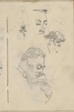 Three men s heads and a bird. Page 14 from a sketchbook with 31 magazines ... Stock Photos