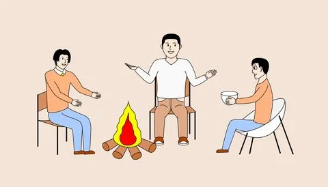 Three men sitting around a fire, they are having a casual chat Stock Illustration