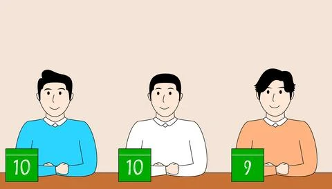 Three men sitting at a table with green numbered boxes in front of them Stock Illustration