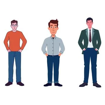 Three Men Standing with Hands in Pockets Stock Illustration