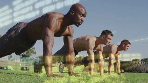Three men on start signal doing push-ups for fitness scrolling data overlay 動画素材 332625641