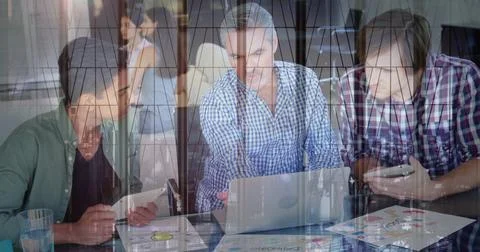 Three men using laptop tablet checking smartphone amid printed charts, glass Stock Illustration