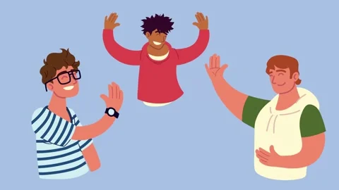 Three men waving hello and smiling, diversity and friendship connection in .. 库存影片 339045897