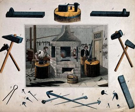 Three men work near an open fire on anvils with hammers making nails and pi.. Stock Illustration