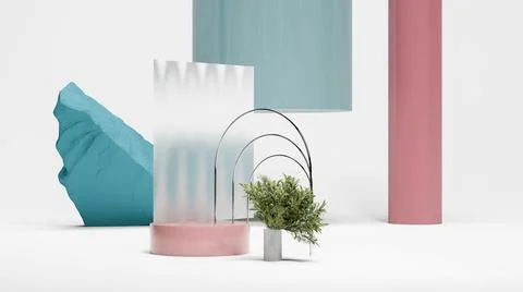 Three metal arcs with small round podium and glass screen. Minimal design. 3d Stock Illustration