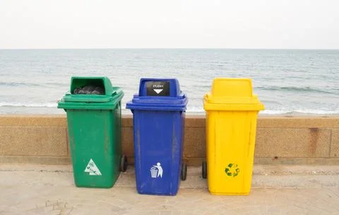 Three metal containers for different garbage with an inscription in turkish a Stock Photos