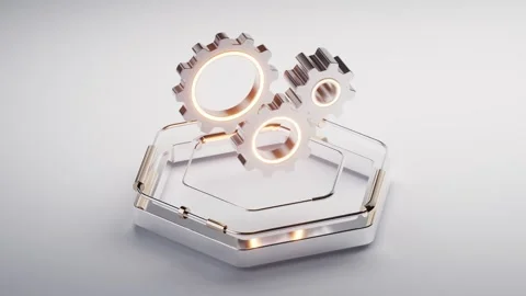 Three metallic gears interlocking and rotating slowly on a clean white back.. Stock Footage 332387337