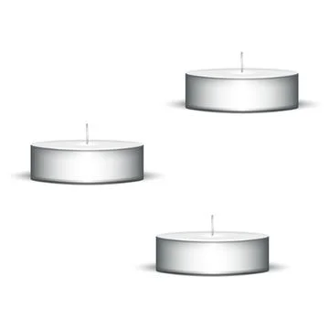 Three metallic round tealight candles set realistic 3d vector illustration .. Stock Illustration