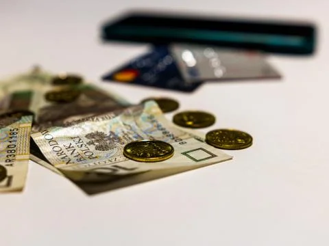 Three methods of payment. Photo of polish money with contemporary credit card Stock Photos