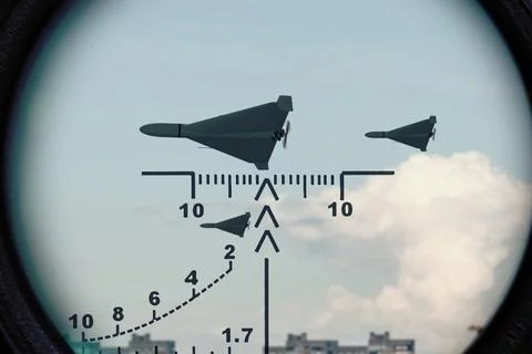 Three military drones in targeting scope against cloudy sky, Stock Photos