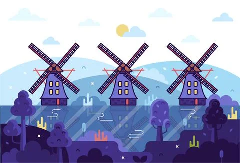 Three mills by the river - vector cartoon illustration in flat stile Stock Illustration
