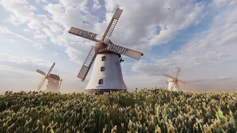 Three mills stand in a field of grass - 3d animation Vidéo 158114841