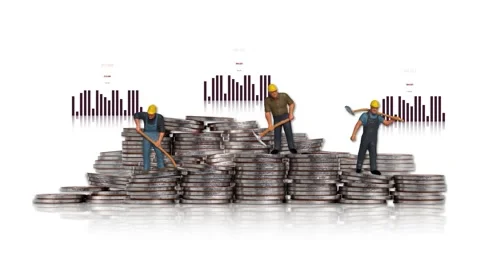 Three miniature men standing on pile of coins and with a graph. Stock Footage 232381359