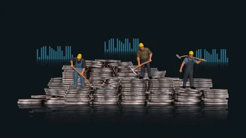Three miniature men standing on pile of coins and with a graph. Stock-Footage 232381362