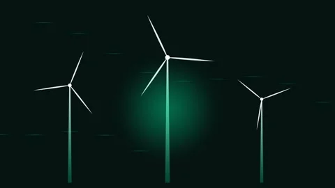 Three minimalist wind turbines glowing against a deep black night sky backg.. Stockbeeldmateriaal 338309772