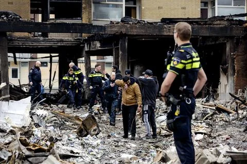 Three missing after explosion, fire in Rotterdam apartment complex, Netherlands  写真素材