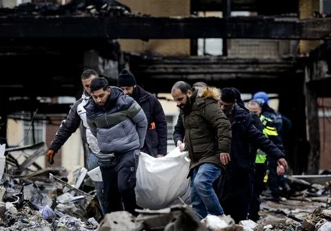 Three missing after explosion, fire in Rotterdam apartment complex, Netherlands  写真素材