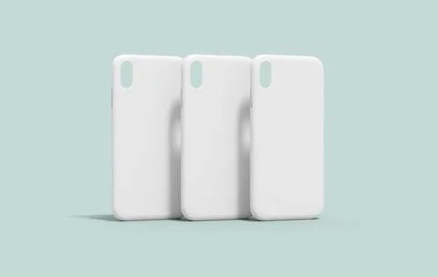 Three mobile phone case mockup, white cover template isolated on a neutral co Stock Photos