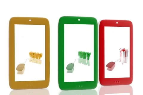 Three mobile phones with e-commerce images Stock Illustration