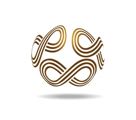 Three Mobius loops each made of three golden lines. Drawn on a sphere Stock Illustration