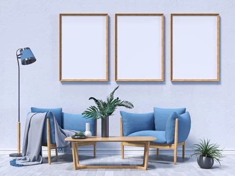 Three mock up poster frames with blue armchairs and indoor plants Stock Illustration