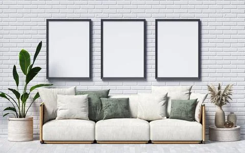 Three mock up poster frames with green pillows Three mock up poster frames... Foto stock