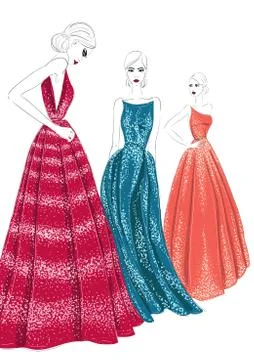 Three models in couture dresses Stock Illustration