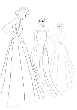 Three models in couture dresses sketch Illustrazione stock