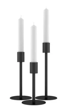 Three modern black candlesticks with candles isolated on white background Stock Illustration
